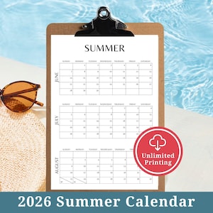 May include: A summer calendar for 2026, clipped to a wooden clipboard. The calendar displays the months of June, July, and August. A pair of brown sunglasses and a beige hat are next to the clipboard. The text "Summer" is at the top of the calendar.