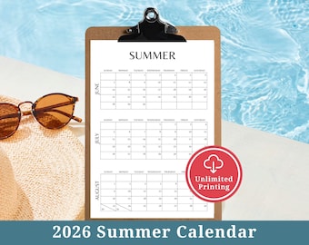 Printable 2026 Summer Calendar, Print as Worksheet or Large Wall Calendar, Family Schedule for May June July August Hello Summer Planner