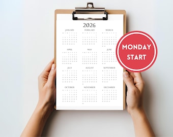 2026 Calendar Printable Planner, Monday Start, Single Page Year Calendar, Monthly Wall and Desk Calendar, 2026 Calendar Poster, PDF Digital