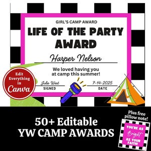 YW Camp Award Certificates, LDS Girls Camp Awards for Young Women, Printable Editable in Canva, Look Unto Christ 2025 theme, Tuck in Treats