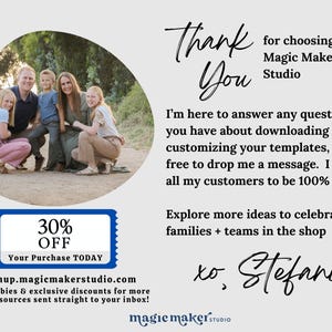May include: A light grey card featuring a family photo and text that reads "Thank You". It also includes a 30% off coupon and promotes Magic Maker Studio, offering free resources and discounts.
