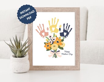 Blomhandavtryck Hantverkskonst Utskrivbar för Mamma Mormor Handavtryck Gåva från Barn Baby Småbarn till Mors Dag Mammas Handavtryck Konst Gör-det-själv-minnessak