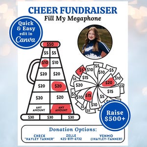Fill My Megaphone Cheer Fundraiser Template Printable, Editable Cheerleading Team Fundraising Flyer Form editable in Canva Sponsor my Season