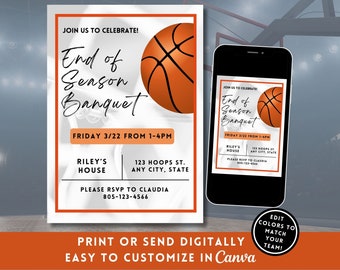 Basketball Team Party Banquet Invitation End of Season Basketball Template Canva Editable Printable Awards Certificate Night Party Invite