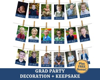 May include: A collection of photos of children from newborn to 11th grade, displayed on a string with clothespins. The photos are arranged in a grid, with text labels indicating the age or grade level. The words "GRAD PARTY DECORATION + KEEPSAKE" are at the bottom.