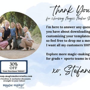 May include: A promotional graphic with a family photo and text. The text reads "Thank You for choosing Magic Maker Studio!" and offers a 30% off discount. It also includes a website address for freebies and exclusive discounts.