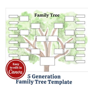 Editable Family Tree Template 5 Generation, Family Tree Chart, Printable for Family Reunion Gifts, Pedigree Chart, Genealogy Chart, Canva