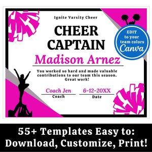 Cheer Team Award-certificaat afdrukbare sjabloon, Cheer Squad bewerkbare digitale download Award Cheerleader einde seizoen cadeau-banketceremonie