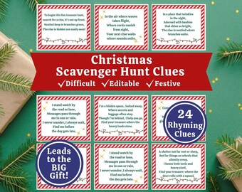 May include: A Christmas scavenger hunt game with rhyming clues. The game includes 24 rhyming clues, with the text "Christmas Scavenger Hunt Clues" at the top. The game is labeled as difficult, editable, and festive.