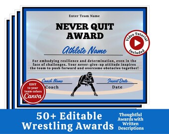 Editable Wrestling Award Certificates End of Season Wrestling Banquet Awards Ceremony Party Printable 50+ Custom Awards with Descriptions