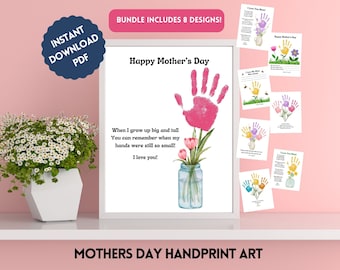 May include: Printable Mother's Day handprint art with a poem that reads "When I grow up big and tall You can remember when my hands were still so small! I love you!" The design features a pink handprint with a vase of flowers.