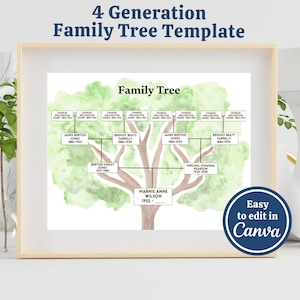 Family Tree Template 4 Generation, Family Tree Chart, Editable Printable for Family Reunion Gifts, Pedigree Chart, Genealogy Chart, Canva