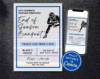 EDITABLE Wrestling Team Party Invitation, End of Season Party Invite, Awards Certificate Night Banquet, Printable Canva Template Digital