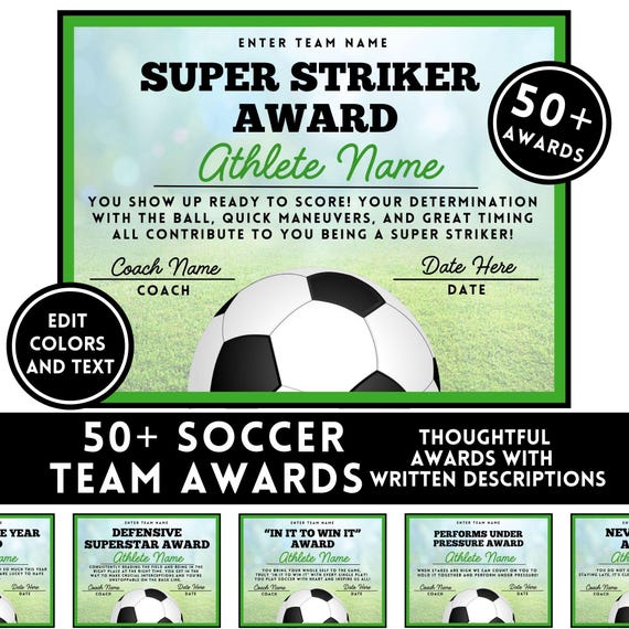 EDITABLE Soccer Award Certificates, Award Ceremony Certificates,  Soccer Team Party Printable, End of Season Soccer, Customize in Canva
