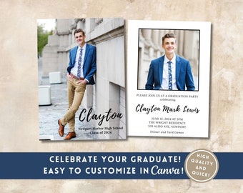 Abitur Ankündigung Vorlage Abitur Einladung 2025 Vorlage Senior Grad Party Jungen bearbeitbar in Canva Jungen Graduierung Karte einladen