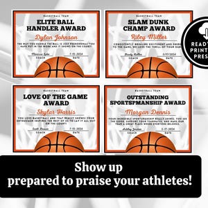 May include: Four printable basketball award certificates with orange and black basketballs. The certificates feature different awards, including Elite Ball Handler, Slam Dunk Champ, Love of the Game, and Outstanding Sportsmanship.