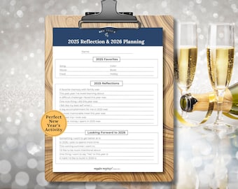 Neues Jahr druckbares 2025-Jahr im Rückblick & 2026-Ziele, Idee für Silvesteraktivität für die Familie, Reflexionskarten für Kinder und Erwachsene, Zeitkapsel-Arbeitsblatt