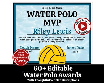 Water Polo Award Certificates, End of Season Water Polo Team Awards Banquet, WaterPolo Editable Templates, Sports Team Party Ideas Printable