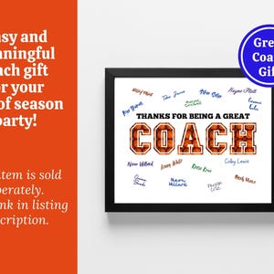 May include: A black framed print with a white background. The print features a basketball-themed design with the words "THANKS FOR BEING A GREAT COACH" in white letters. The letters are made up of basketballs. The print is signed by multiple people.