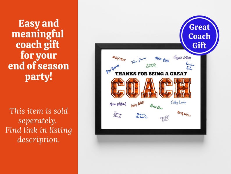 May include: A black framed print with a white background. The print features a basketball-themed design with the words "THANKS FOR BEING A GREAT COACH" in white letters. The letters are made up of basketballs. The print is signed by multiple people.