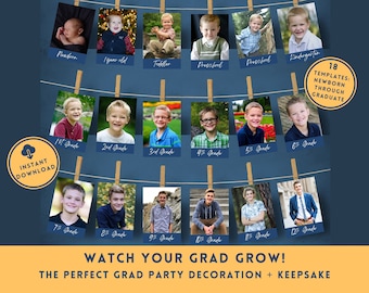 May include: A set of 18 printable photo templates for a graduation party. The templates are designed to hold photos of a person from newborn to graduation. The templates are blue with white text and are hung on a string with clothespins. The text on the templates reads "newborn", "1 year old", "toddler", "preschool", "kindergarten", "1st grade", "2nd grade", "3rd grade", "4th grade", "5th grade", "6th grade", "7th grade", "8th grade", "9th grade", "10th grade", "11th grade", and "12th grade". The text "WATCH YOUR GRAD GROW! THE PERFECT GRAD PARTY DECORATION + KEEPSAKE" is at the bottom of the image.
