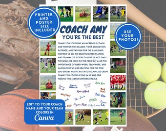 Puede incluir: Un póster deportivo personalizado con el texto "COACH AMY YOU'RE THE BEST". El póster incluye espacio para fotos, colores del equipo y el nombre del entrenador. Equipamiento deportivo como un guante de béisbol, pelotas de tenis y un balón de fútbol en el fondo.