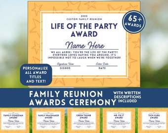 Family Reunion Awards Editable Printable Award Certificates Family Reunion Games Reunion Idea Custom Family Fun Awards Bundle Reunion Favors