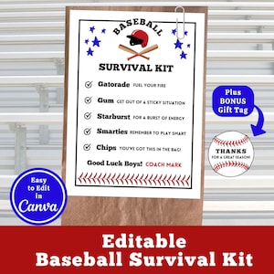 Edytowalny szablon etykiety na torbę z zestawem przetrwania w baseballu, edytowalna etykieta na prezent dla gracza baseballowego do wydrukowania, prezent DIY na turniej drużynowy Tball Snack Bag Canva