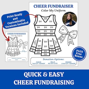 Könnte beinhalten: Ein schwarz-weißes druckbares Cheerleader-Uniform-Fundraising mit einem zum Ausmalen-Design. Das Druckbare enthält eine Cheerleader-Uniform, eine Schleife und ein Spendenraster mit Dollarbeträgen. Der Text "CHEER FUNDRAISER" und "Color My Uniform" ist enthalten. Spendenoptionen umfassen Bargeld, Scheck, Zelle und Venmo.