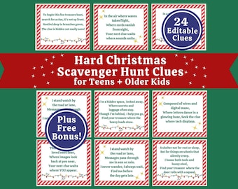 Christmas Scavenger Hunt Clues for Kids Teens Adults Indoor Christmas Morning Treasure Hunt Hard Clues Editable Printable Indoor Xmas Hunt