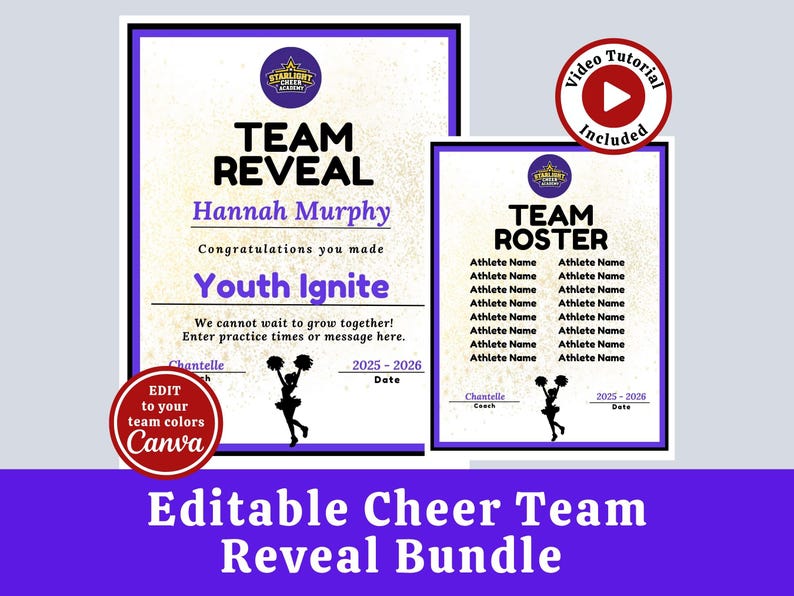 May include: An editable cheer team reveal bundle in purple and white. The bundle includes a team reveal certificate and a team roster template. Text includes "Team Reveal", "Youth Ignite", and "Team Roster". A video tutorial is included.