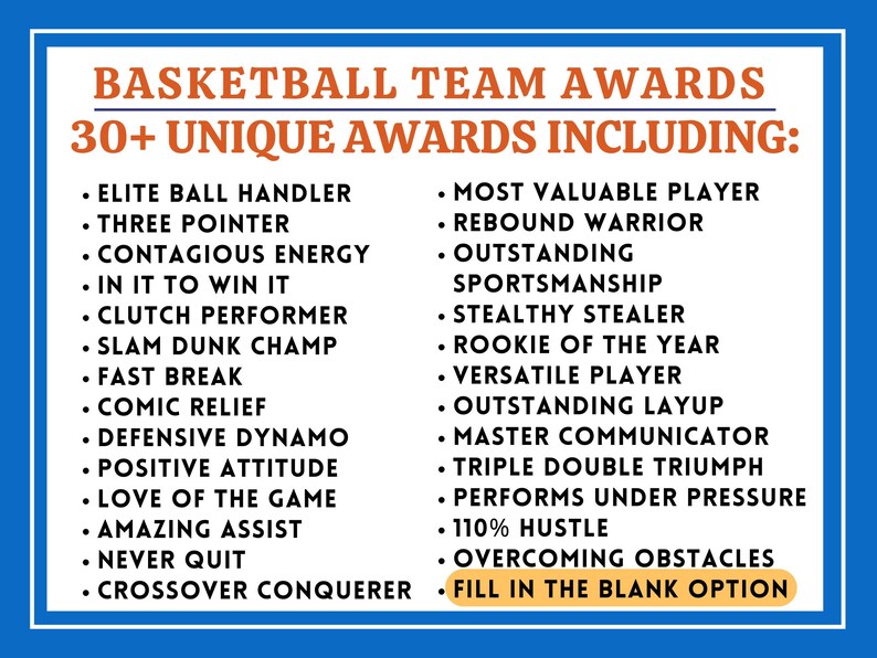May include: A blue and white poster with the text "Basketball Team Awards 30+ Unique Awards Including:" and a list of 18 basketball team awards.