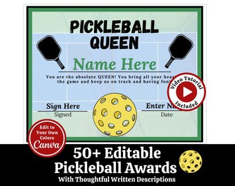 Pickleball Queen Award Certificate Template, Pickleball Gift Funny Awards for Pickleball Party, Canva Party Printable First Place Winner