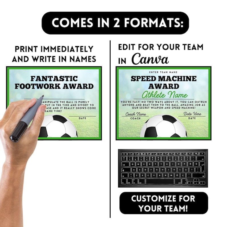 Puede incluir: Dos certificados de premio de f&uacute;tbol imprimibles, uno para "Fantastic Footwork Award" y otro para "Speed Machine Award". Ambos certificados presentan un gr&aacute;fico de bal&oacute;n de f&uacute;tbol verde y blanco y un fondo verde. Los certificados se pueden imprimir y escribir o editar en Canva.