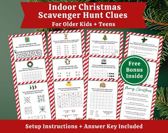 May include: A collection of printable Christmas scavenger hunt clues for older kids and teens. The pages have red and white striped borders and include puzzles, codes, and word searches. The words "Indoor Christmas Scavenger Hunt Clues" are at the top.