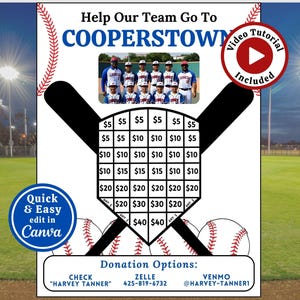 Puede incluir: Un folleto de recaudación de fondos con temática de béisbol con una foto de un equipo de béisbol juvenil. El folleto incluye una cuadrícula de donaciones con diferentes cantidades de dinero, un icono de tutorial en vídeo y opciones de donación, incluyendo cheque, Zelle y Venmo.