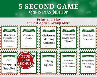 May include: A Christmas-themed game with cards featuring various holiday topics. The cards have red and white striped borders and green banners with text like "Christmas Carols" and "Holiday Desserts." A bonus offer is also included.