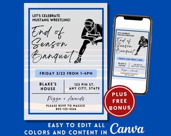 EDITABLE Wrestling Team Party Invitation, End of Season Party Invite, Awards Certificate Night Banquet, Printable Canva Template Digital