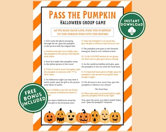 Puede incluir: Un juego de grupo de Halloween titulado "Pasa la Calabaza" con bordes a rayas naranjas y blancas. El juego incluye instrucciones e ilustraciones de calabazas. Incluye un gráfico de "Bono gratis incluido" y "Descarga instantánea".
