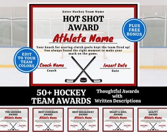 Editable Hockey Award Certificates, End of Season Hockey Team Awards Banquet, Field Hockey Ice Hockey Templates, Team Party Ideas Printable