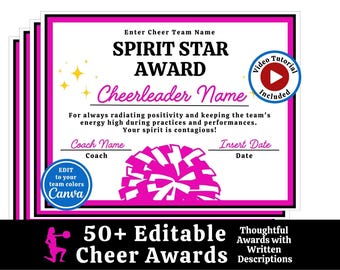 Editable Cheerleading Award Certificates Cheer Team Awards Cheerleading End of Season Award Templates Ceremony End of Season Party Printable