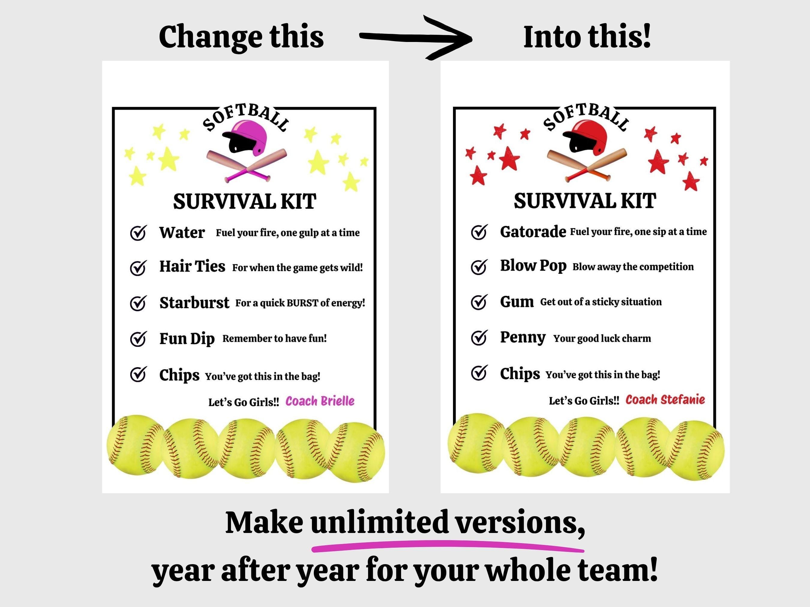 Softball Survival Kit Bag Tag Template, Editable Softball Player Gift ...