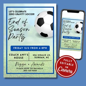 EDITABLE Soccer Team Party Invitation End of Season Party Invite Soccer Canva Template Editable Printable Digital Text Awards Night Party
