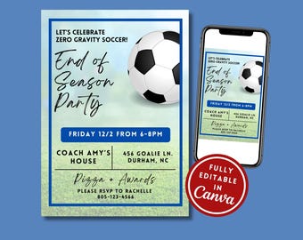 EDITABLE Soccer Team Party Invitation End of Season Party Invite Soccer Canva Template Editable Printable Digital Text Awards Night Party
