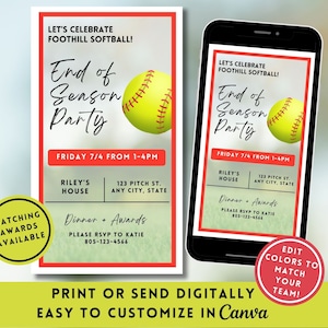 May include: A printable invitation for a softball end of season party. The invitation features a yellow softball with red stitching and the text "Let's Celebrate Foothill Softball! End of Season Party" in red and black text. The invitation also includes the date and time of the party, the location, and contact information for RSVP.