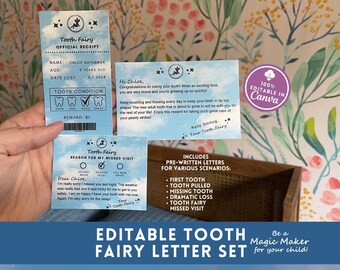Editable Mini Tooth Fairy Letter Set, Printable Tooth Fairy Receipt Apology Note, Instant Download Fully Edit Canva, First Tooth Certificate