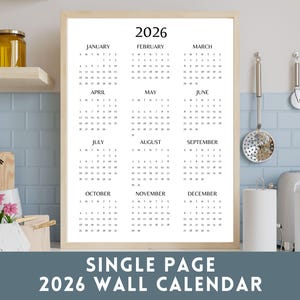 Yearly Calendar 2026, 1 Year 1 Page Printable Wall Calendar, Full Year Desk Wall Calendar, Single Page Planner, 2026 Calendar Poster Digital