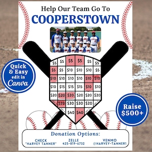 Może przedstawiać: Plakat zbiórki pieniędzy o tematyce baseballowej z tekstem "Help Our Team Go To Cooperstown". Zawiera grafikę diamentu baseballowego z opcjami darowizn od 5 zł do 40 zł. Zawiera zdjęcie drużyny i wezwanie do "Zebrania 500 zł+."