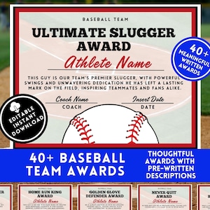 Könnte beinhalten: Ein druckbares Baseball-Team-Auszeichnungsschein mit einer roten, weißen und blauen Baseball-Grafik. Das Zertifikat trägt den Titel "Ultimate Slugger Award" und enthält Platz für den Namen des Athleten, den Namen des Trainers und das Datum. Der Text lautet: "Dieser Typ ist unser bester Schläger im Team, mit kraftvollen Schlägen und unerschütterlicher Hingabe hat er eine bleibende Wirkung auf dem Feld hinterlassen und seine Teamkollegen und Fans inspiriert."