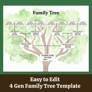 Editable Family Tree Template 4 Generation, Family Tree Chart, Printable for Family Reunion Gifts, Pedigree Chart, Genealogy Chart, Canva